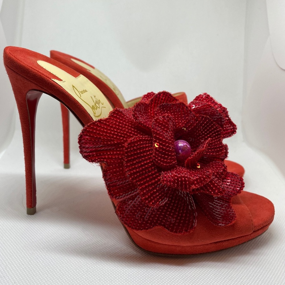 Louboutin Submuline 120 Sequin Flower Suede Mules